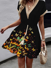 Butterfly Print Elasticity Hollow Split-Joint Tasseled Tied Waist A-line Loose V-neck Mini Dresses