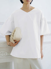 Solid Color Half Sleeves Loose V-Neck Blouses&Shirts Tops