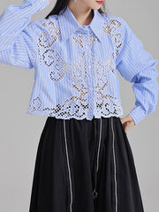 Buttoned Hollow Solid Color Long Sleeves Loose Lapel Blouses&Shirts Tops