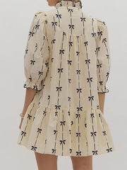 Bowknot Contrast Color Printed Split-Joint A-Line Loose Stand Collar Midi Dresses