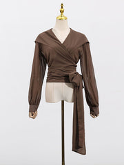 Pleated See-Through Solid Color Tied Waist Long Sleeves Loose Hooded Blouses&Shirts Tops