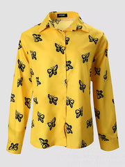 Butterfly Print Buttoned Split-Joint Long Sleeves Loose Lapel Blouses&Shirts Tops