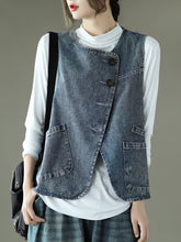 Vintage Solid Color Buttoned Asymmetric Split-Joint Denim Vest Outwear