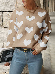 Heart Print Jacquard Split-Joint Long Sleeves Loose Round-Neck Sweater Tops Pullovers