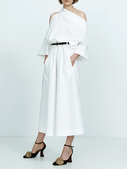 No Belt Solid Color Long Sleeves Loose Off-the-shoulder Midi Dresses