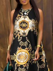 Contrast Color Pockets A-Line Sleeveless Round-Neck Midi Dresses