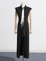 Asymmetric Hollow Rhine Stones Split-Front Split-Joint Tasseled High Waisted Sleeveless Lapel Midi Dresses