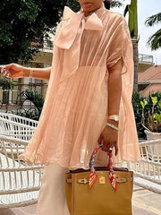 Gauze Lace-Up Pleated See-Through Solid Color Split-Joint Batwing Sleeves Loose Stand Collar Blouses&Shirts Tops