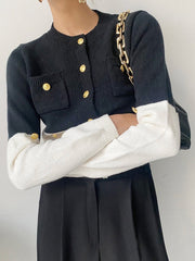 Buttoned Contrast Color Long Sleeves Round-Neck Cardigan Tops