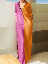 Long Sleeves Loose Buttoned Contrast Color Lapel Collar Maxi Dresses