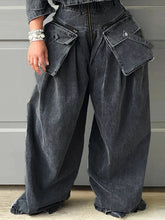 Pleated Pockets Split-Joint Zipper Loose Wide Leg Jean Pants Bottoms