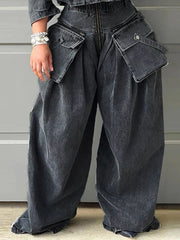 Pleated Pockets Split-Joint Zipper Loose Wide Leg Jean Pants Bottoms