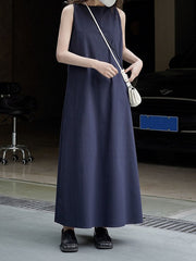 Solid Color Loose Sleeveless Round-Neck Midi Dresses