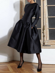 Solid Color Long Sleeves Round-Neck Midi Dresses