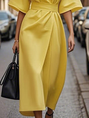 Pleated Solid Color Split-Joint Loose Short Sleeves Round-Neck Midi Dresses