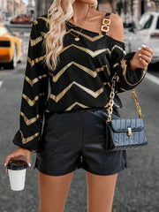 Asymmetric Bronzing Chains Elasticity Striped Long Sleeves Loose Asymmetric Collar T-Shirts Tops