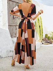 V-Neck Half Sleeves Backless Contrast Color Tied T-shirt Top + Pockets High Waisted Pants Bottom Two Pieces Set