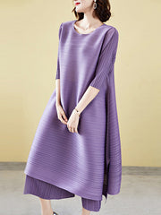 Casual Loose Three-Quarter Sleeves Pleated Solid Color T-Shirt&Pants Two Pieces Set