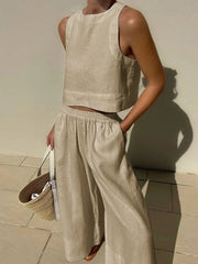 Solid Color Loose Round-Neck Sleeveless Vest + Elasticity Wide Leg Pants Two Pieces Set