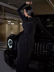 Solid Color Long Sleeves Mermaid Round-neck Maxi Dresses Evening Dresses