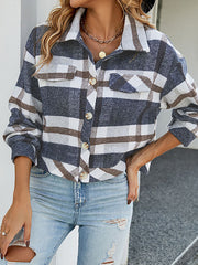 Buttoned Contrast Color Plaid Long Sleeves Loose Lapel Outerwear