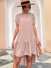 Casual Short Sleeves Irregularity Falbala Solid Color High-Neck Midi Dresses