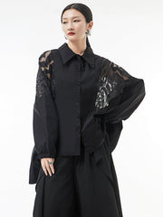 Urban See-Through Lace Split-Joint Lapel Blouse