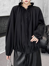 Drawstring Pleated Pullover Design Solid Color Long Sleeves Loose Lace Collar Blouses&Shirts Tops