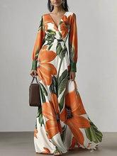 Long Sleeves Loose Flower Print Pleated V-Neck Maxi Dresses