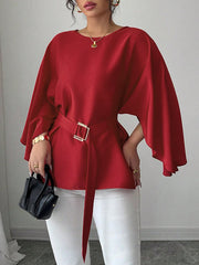 Split-Joint Tied Waist Batwing Sleeves Round-Neck Blouses&Shirts Tops