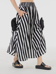 Asymmetric Contrast Color Elasticity Striped Three-Dimensional Flower Loose Skirts Bottoms