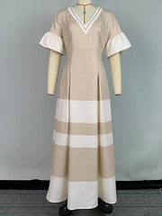 Contrast Color Pleated A-Line Flared Sleeves V-Neck Maxi Dresses