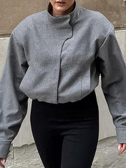 Elasticity Solid Color Long Sleeves Loose Stand Collar Woolen Coat