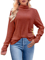 Buttoned Pleated Solid Color Long Sleeves Loose High Neck T-Shirts Tops
