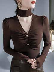 Mesh Pleated Solid Color Long Sleeves Skinny V-Neck T-Shirts Tops