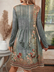 Flower Print Pleated Split-Joint A-line Long Sleeves Round-neck Mini Dresses