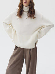 Pleated Solid Color Split-Side Long Sleeves Loose High Neck Sweater Tops
