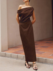 Pleated Solid Color Split-Back Split-Joint Loose Off-The-Shoulder Maxi Dresses