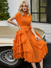 Bandage Lacy Solid Color Loose High-neck Midi Dresses