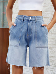 Buttoned Elasticity Fringed Pockets Split-Joint Loose Denim Shorts