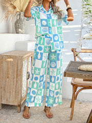 Lapel Loose Buttoned Contrast Color T-shirt Top + Elasticity Pockets High Waisted Pants Bottom Two Pieces Set