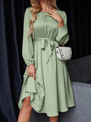 Elasticity Pleated Solid Color Split-Joint Tied Waist Loose Puff Sleeves Round-neck Midi Dresses
