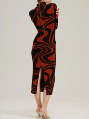 Contrast Color Printed Split-Back Split-Joint Zipper Long Sleeves Skinny High Neck Midi Dresses