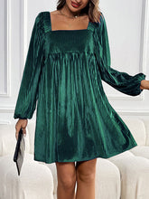 Pleated Shiny Solid Color Tied Velvet A-Line Long Sleeves Square-Neck Mini Dresses