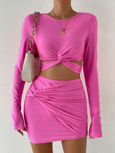 Hollow Knot Pleated Solid Color Bodycon Long Sleeves Round-Neck Two Pieces Set