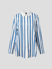 Long Sleeves Loose Contrast Color Striped Lapel Blouses