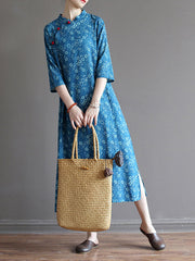 Original Solid Floral Stand Collar Midi Dress