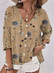 Buttoned Flower Print Long Sleeves Loose V-neck Blouses&shirts Tops