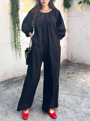 Elasticity Pleated Pockets Solid Color Long Sleeves Loose Round-neck Jumpsuits