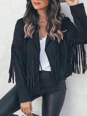Solid Color Split-Joint Tasseled Long Sleeves Notched Collar Jackets